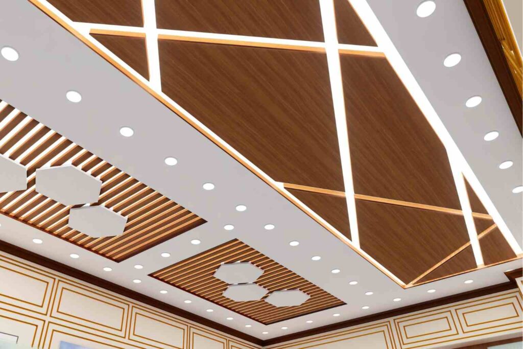 pop ceiling with wooden or metal accents